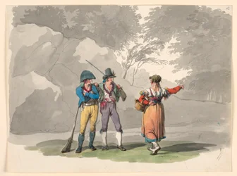 Desenho, Uma mulher e dois homens com armas. Trajes do Reino de Nápoles, 1807-08