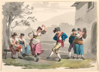 Desenho, "Saltarello Romano", Camponeses dançantes nos arredores de Roma, 1807-08