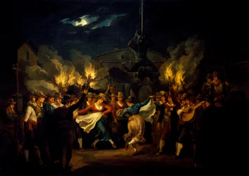 Dança noturna na Piazza Barberini após a colheita, por Bartolomeo Pinelli (1781-1835), Itália