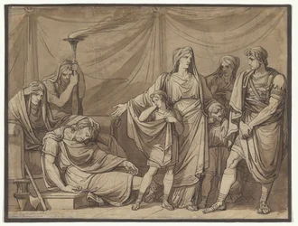 A rainha Tranquilla vê o cadáver do seu marido Tarquínio, ilustração para a História Romana de Charles Rollin