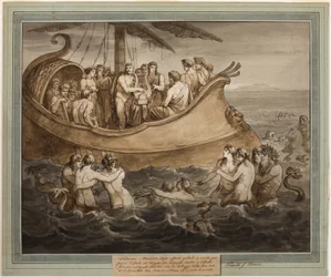 Telêmaco e Mentor em uma Galé depois de fugir da Ilha de Calipso, de As Aventuras de Telêmaco, Livro 8