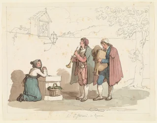 O gaiteiro e o tocador de pífaro em Roma, ilustração para Trajes e costumes romanos