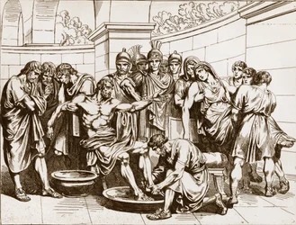 O filósofo romano Séneca (Lucius Annaeus Seneca, 4 a.C.-65 d.C.), acusado de participar numa conspiração contra o imperador Nero, recebeu ordem para se suicidar - gravura de Bartolomeo Pinelli - Morte de Séneca, gravura de Bartolomeo Pinelli (1781-1835).