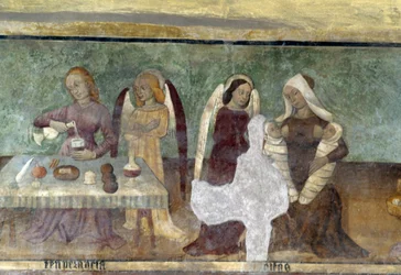 Cena alegórica, detalhe do ciclo que representa a Cavalgada dos vícios e virtudes, ca. 1490, de Bartolomeo Serra e Sebastiano Serra, fresco, capela de Santo Estêvão, Giaglione, Piemonte, Itália
