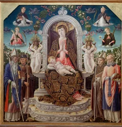 Virgem e Filho no trono rodeado por Santo Agostinho, São Roch, São Luís de Toulouse (Anjou), São Nicolau de Mira e no céu Santa Catarina, Santa Domingas, São Pedro Mártir (Verona) e Santa Maria Madalena (Virgem com filhos com