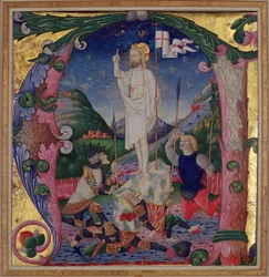 Inicial Historiated A retratando a ressurreição de Cristo, a escola da Lombardia