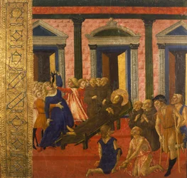 São Bernardino exorciza uma mulher possuída, de Neroccio di Bartolomeo (1447-1500), pintura, Palazzo Pubblico (Palácio Público), Siena, Itália.