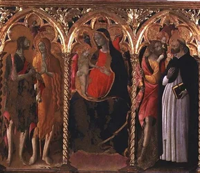 Tríptico: Madonna e Criança (painel central) com São João Batista, Santa Maria Madalena, São Cristóvão e São Domingos (tempera no painel)