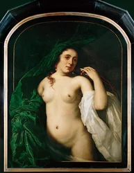 Mulher nua a levantar uma cortina (pintura sobre tela)