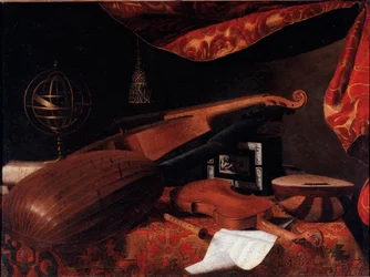 Natureza morta com instrumentos musicais (violino, alaúde e spinette e esfera armilar) - Pintura de Bartolomeo Bettera (1639-1722), cerca de 1660 Óleo sobre tela Dim: 70,5x94,7 cm - Bergamo, Accademia Carrara