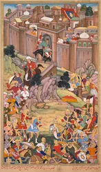 O cerco de Arbela na era de Hulagu Khan, página de um Chingiz-nama (Livro de Chingiz Khan) do Jami al-tavarikh (Compêndio de Crônicas) de Rashid al-Din (persa, 1247–1318)