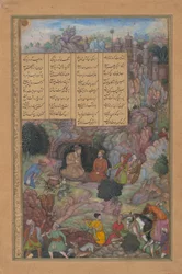 Alexandre visita o sábio Platão em sua caverna na montanha, Folio from a Khamsa..., 1597-98.