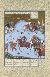 Bahram Gur avança furtivamente contra os Khaqan, Folio 577v do..., ca. 1530-35.