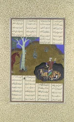 Rustam vinga sua própria morte iminente, Folio 472r do Shahnama..., ca. 1525-30.