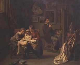 O artista com os seus filhos no seu estúdio