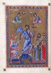 Egerton 1139, f.9v Harrowing of Hell, ilustração do "Saltério da Rainha Melisende", Jerusalém c.1131-40 (tinta, cor e ouro sobre o velo)