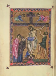 The Descent from the Cross, fol. 8b de MS Egerton 1139, o Saltério da Rainha Melisende, Jerusalém