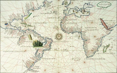 Um mapa de página dupla do Oceano Atlântico, mostrando a costa oriental da América do Norte e da América do Sul, 1544
