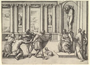Homem sentado sob uma estátua de Baco, recebendo uma audiência, c. 1530-61.