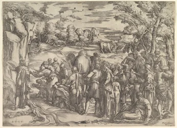 Moisés Tirando Água da Rocha, à esquerda com água corrente, várias figuras e ..., ca. 1552-61.