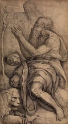 São Jerônimo ajoelhado diante de um crucifixo, com caveira e leão, ca. 1550-60.