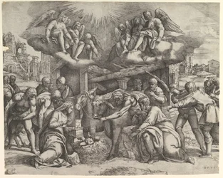 A Adoração dos Pastores com anjos no alto, ca. 1530-61.