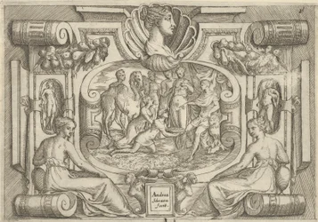 Um homem e uma mulher oferecendo uma bandeja de moedas a um rei sentado em um trono, colocado entre..., c. 1540-80.
