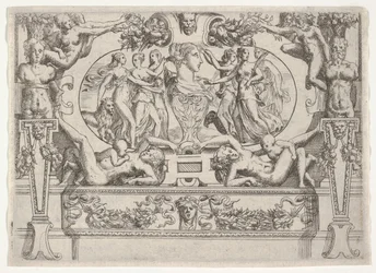 Busto de mulher ladeado por três mulheres de cada lado, dentro de uma moldura elaborada, ca. 1540-80.