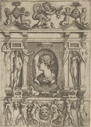 Busto de mulher de perfil virado para a esquerda, inserido em moldura elaborada com figuras em n..., c. 1540-80.
