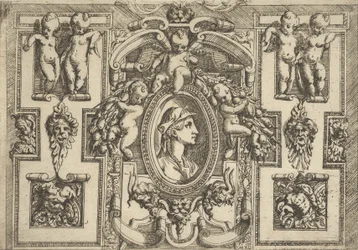 Busto de mulher de perfil virado para a direita, inserido numa moldura elaborada com putti, ..., ca. 1540-80.