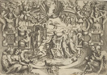 Quatro mulheres cercando uma figura sentada, um pássaro acima delas, dentro de um elaborado ..., ca. 1540-80.