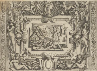 Judite e serva com cabeça de Holofernes, inserida em moldura elaborada, c..., ca 1540-80.