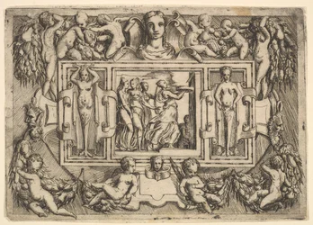 A sibila cumeia caminhando para a direita e carregando uma bandeja, seguida por três mulheres..., ca. 1540-80.