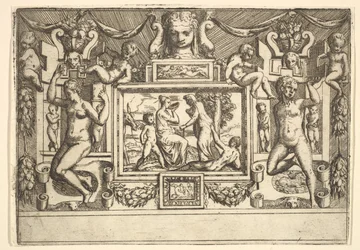 Jovem bebendo de uma tigela, uma velha parada na frente dela, dentro de..., ca. 1540-80.