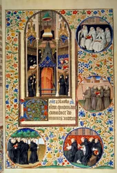 Cena de vida monástica. Nos medalhões, de cima para baixo, os Carmes, Franciscanos, Dominicanos, Agostinianos (esquerda). Miniatura tirada do "Livro de horas segundo o uso de Paris", iluminado pela oficina do Mestre de Bedford. 1450. Paris, B.N.