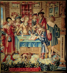 Cortina que ilustra as artes liberais: Aritmética. Tapeçaria de lã e seda feita cerca de 1520 em Tournai. Dimensões 3,1 x 2,9 m. Paris, Museu Nacional da Idade Média, termas de Cluny