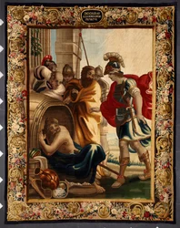 Diógenes e Alexandre: encontro entre o filósofo grego Diógenes de Sinope (413-327 a.C.) no seu barril e o rei Alexandre Magno (356-323 a.C.) em Corinto. Quando o conquistador lhe perguntou o que queria, Diógenes respondeu: "Tirar um pouco do meu sol". Toqu