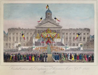 Distribuição das Bandeiras de Honra em Bruxelas, em 27 de setembro de 1832, 1832 (gravura a cores)
