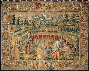 Cena de colheita de frutos. Tapeçaria das manufacturas de Bruxelas. Século XVI Genes, Musei di Strada Nuova