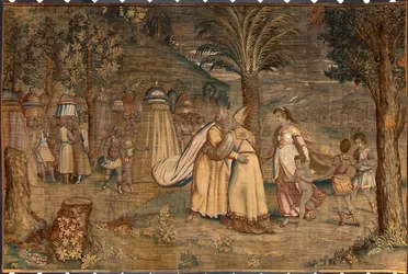 Jetro acompanhou a sua filha Séfora e os seus filhos conheceram Moise Tapeçaria de Dionys Martensz segundo o cartão de Luca Cambiaso (1527-1584) produzida pelas manufacturas de Bruxelas