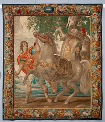 O rei Alexandre, o Grande, domina o cavalo Bucéfalo. Tapeçaria fabricada nas manufacturas de Bruxelas. Século XVI Genes, Musei di Strada Nuova