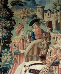 Idade Média: partida a cavalo para a caça com falcão. Pormenor de uma tapeçaria de seda e lã do início do século XVI. Proveniente de Hainaut. Paris, Museu Nacional da Idade Média, Thermes de Cluny