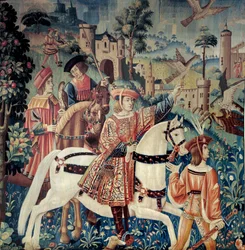 Idade Média: partida para a caça com falcão a cavalo. Tapeçaria de seda e lã do início do século XVI. De Hainaut. Paris, Museu Nacional da Idade Média, Termas de Cluny