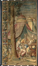 Moise com Jetro e Séfora Tapeçaria de Dionys Martensz a partir das caixas de Luca Cambiaso (1527-1584) feitas nas manufacturas de Bruxelas 1561-1564 Dim. 391x141,2 cm Genes, Musei di Strada Nuova