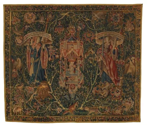 Tapeçaria, Sibylla Libya e Europa (uma de um conjunto de seis Sibilas, compreendendo 46.134 a 46.139) denominada "Tapeçarias Rothamsted", fabricada na Flandres, Tournai ou Bruxelas, Bélgica, c.1530 (lã)
