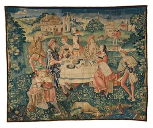Tapeçaria representando Banquete ao ar livre, ou Uma refeição ao ar livre no Jardim do Amor, de Tournai, c.1510 (lã e seda)