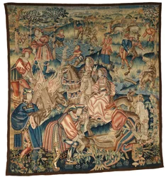 Tapeçaria representando cenas após uma caçada ao javali, pesca, etc. ou "Apres la Chasse", possivelmente de Tournai