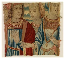 Fragmento de tapeçaria representando um homem e duas mulheres, feito possivelmente em Bruxelas, Bélgica, início do século XVI (lã e seda)