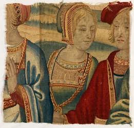 Fragmento de tapeçaria representando um homem e uma mulher, feito possivelmente em Bruxelas, Bélgica, início do século XVI (lã e seda)