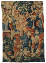 Fragmento de tapeçaria representando o apedrejamento dos anciãos, possivelmente feito em Bruxelas, Bélgica